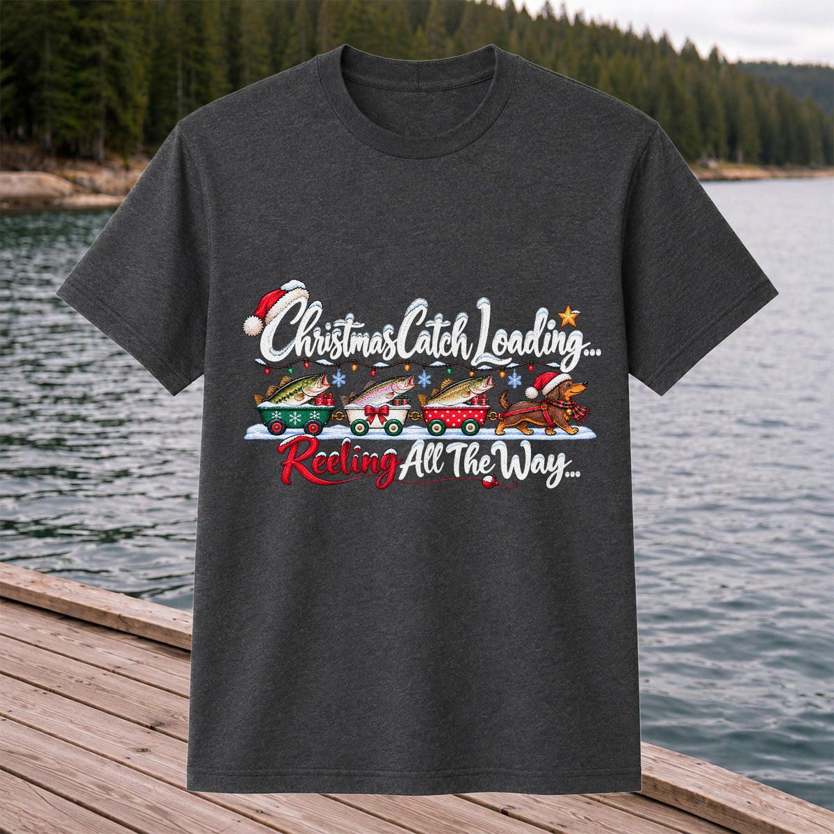 Christmas Fishing Train with Trout and Dog Graphic T-Shirt