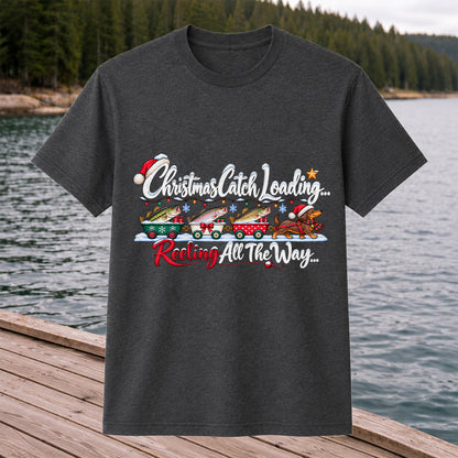 Christmas Fishing Train with Trout and Dog Graphic T-Shirt