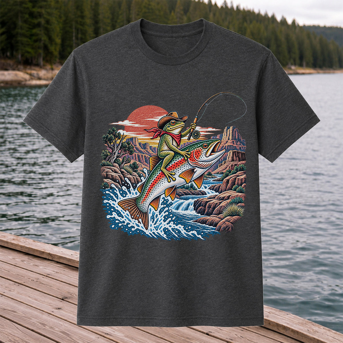 Cowboy Frog Riding a Rainbow Trout Canyon Fishing Graphic T-Shirt