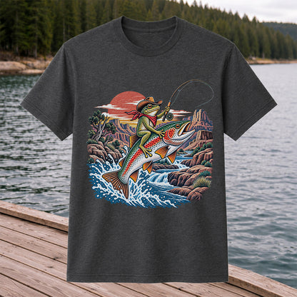 Cowboy Frog Riding a Rainbow Trout Canyon Fishing Graphic T-Shirt