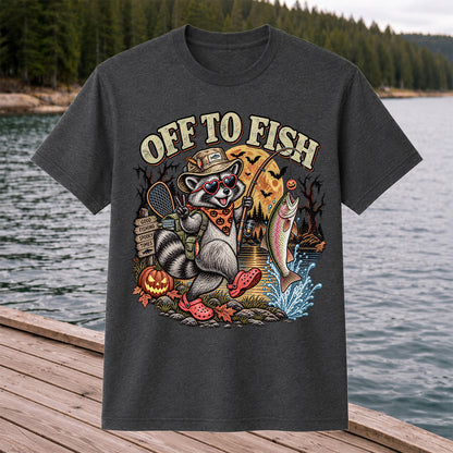 Off to Fish Raccoon and Trout Halloween T-Shirt - Good Fishing Spooky Times