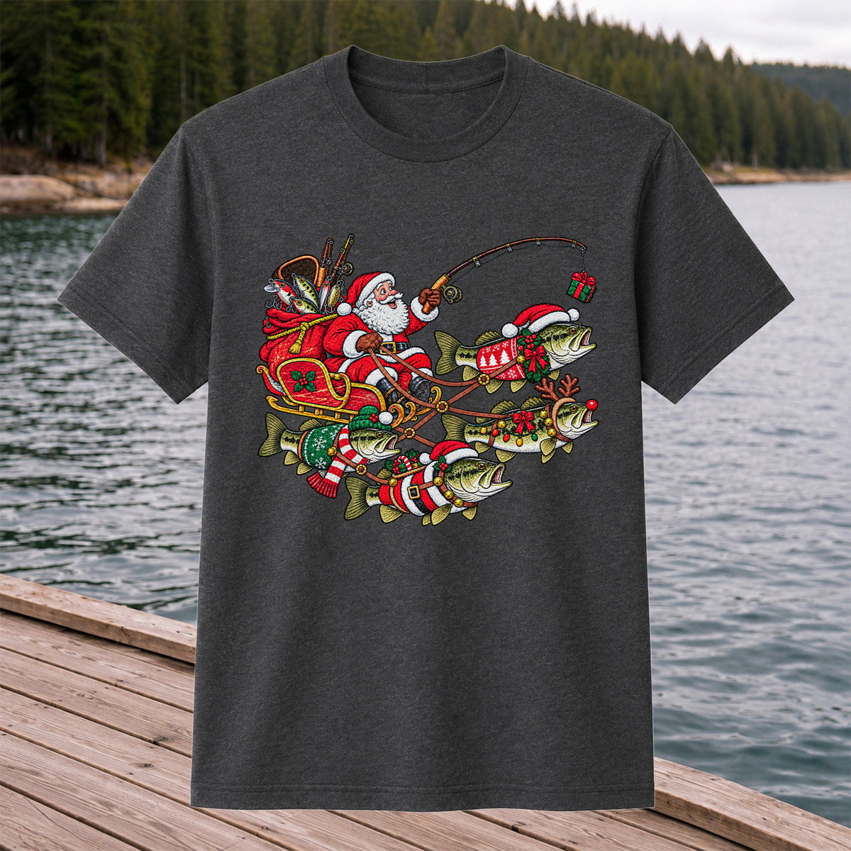 Santa Pulling Festive Bass Fishing Graphic T-Shirt