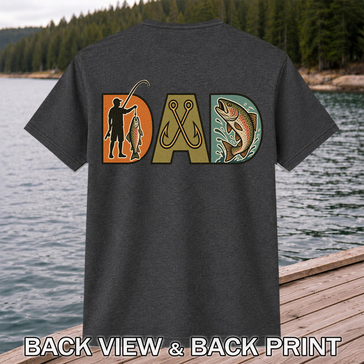 Dad Rainbow Trout and Fishing Hooks Retro Fishing T-Shirt | Back Print