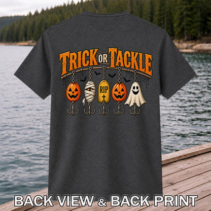 Trick or Tackle Pumpkin Ghost and Mummy Fishing Lures Halloween T-Shirt | Back Print