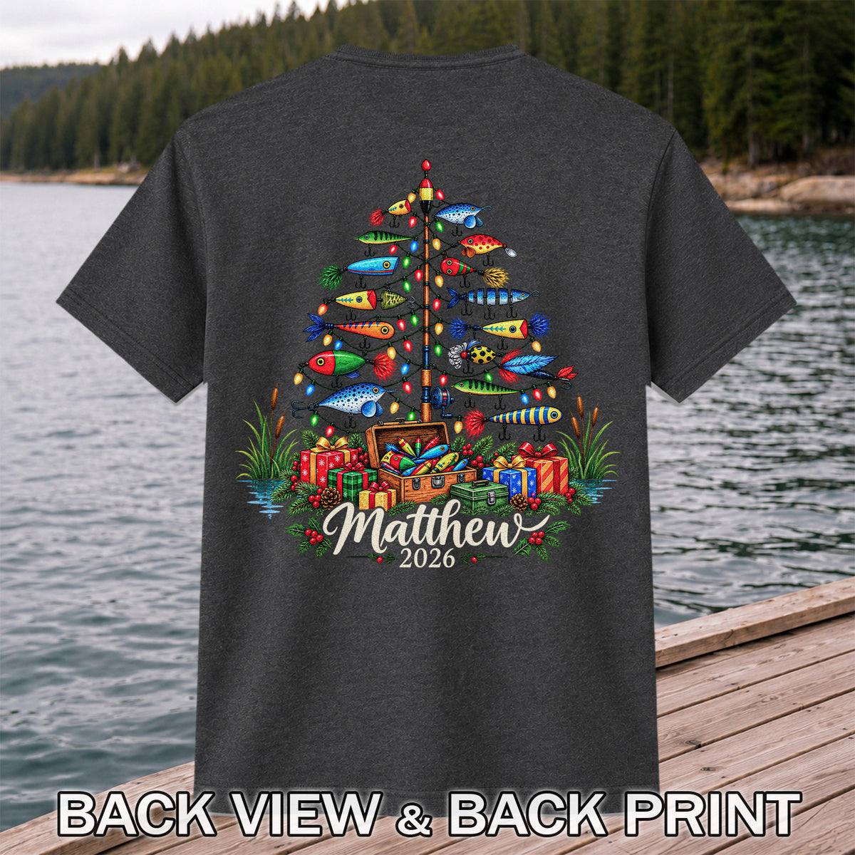 Personalized Christmas Fishing Lure Tree Name Graphic T-Shirt | Back Print
