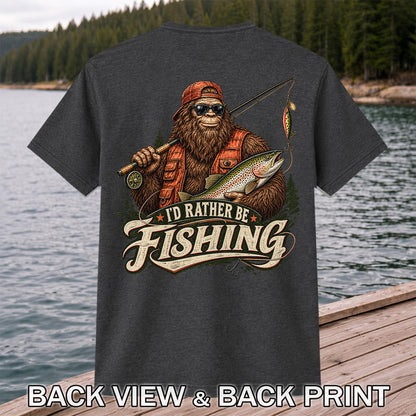 Bigfoot Holding Trout Funny Fishing Graphic T-Shirt | Back Print