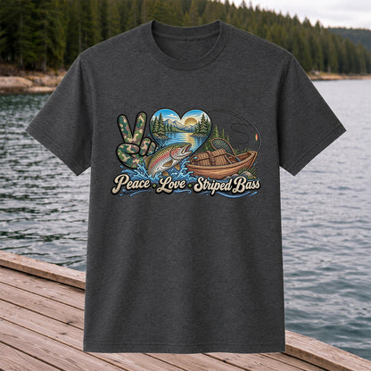 Peace Love Striped Bass Lake and Boat Fishing Graphic T-Shirt