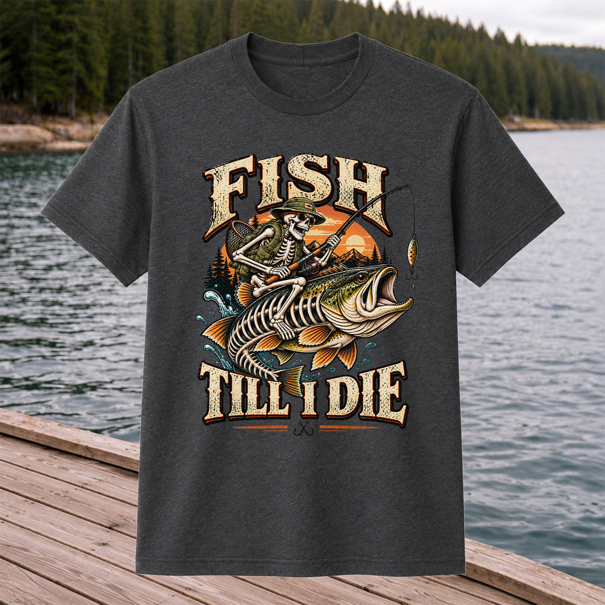 Fish Till I Die Skeleton Riding a Largemouth Bass Fishing T-Shirt
