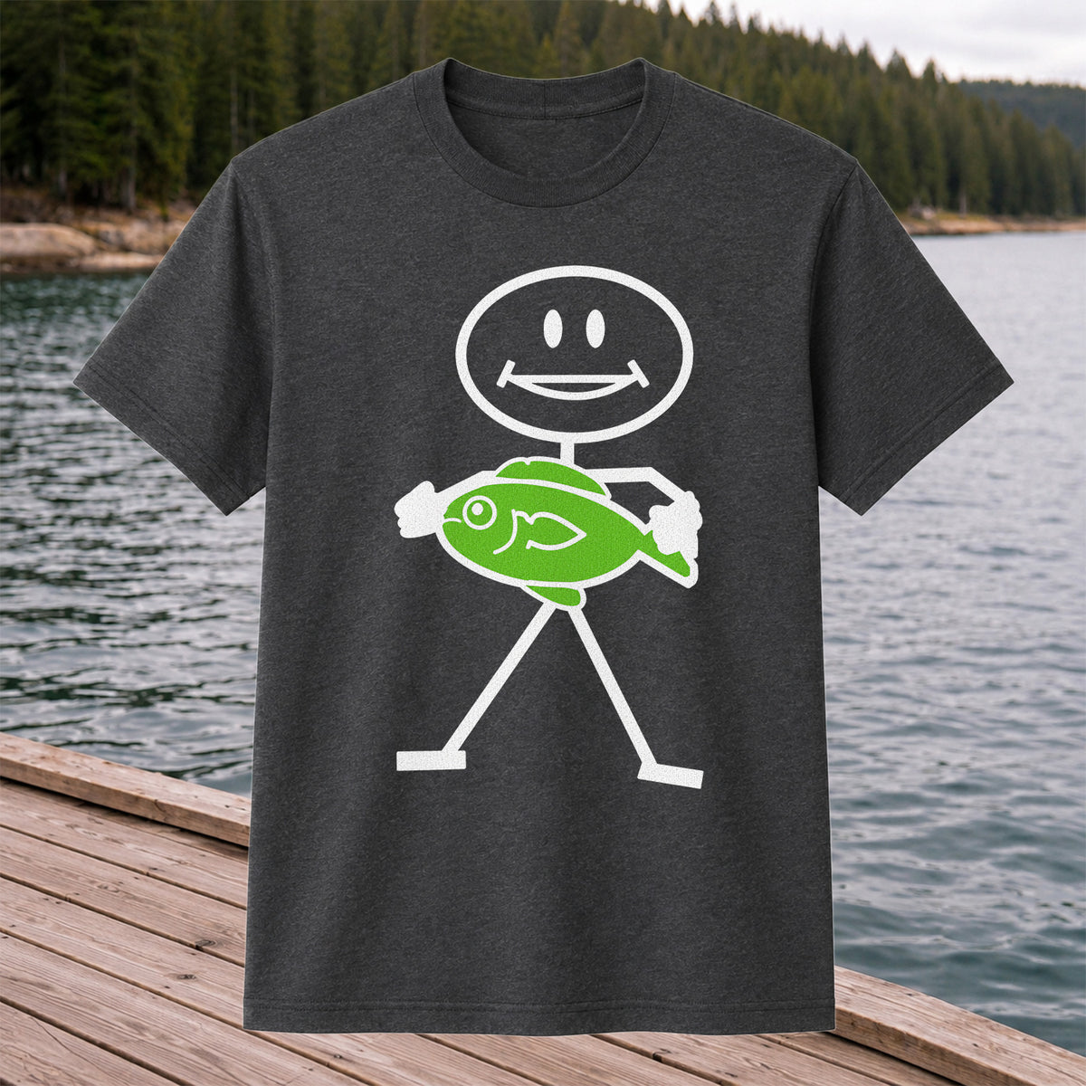 Happy Stick Figure Holding a Green Fish Graphic T-Shirt