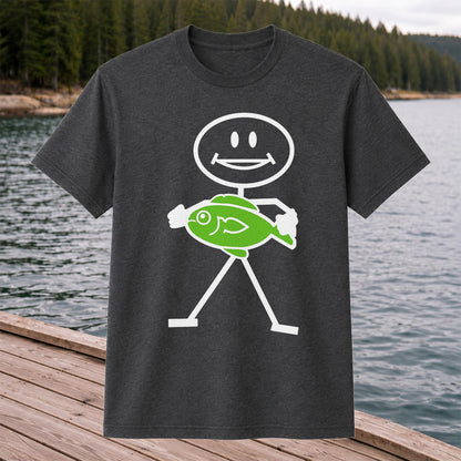 Happy Stick Figure Holding a Green Fish Graphic T-Shirt
