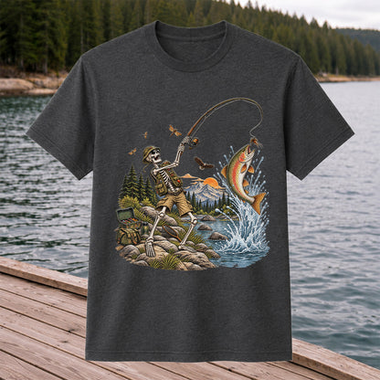 Skeleton Angler Catching Trout at a Mountain Lake Fishing T-Shirt
