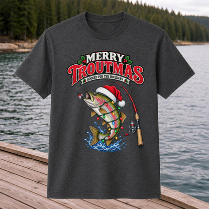 Merry Troutmas Hooked for the Holidays Rainbow Trout Christmas Fishing T-Shirt