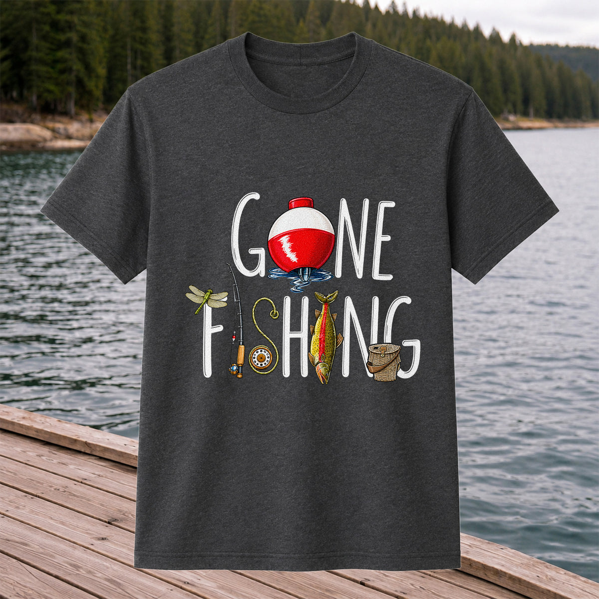 Gone Fishing Bobber Rod and Lure Graphic T-Shirt