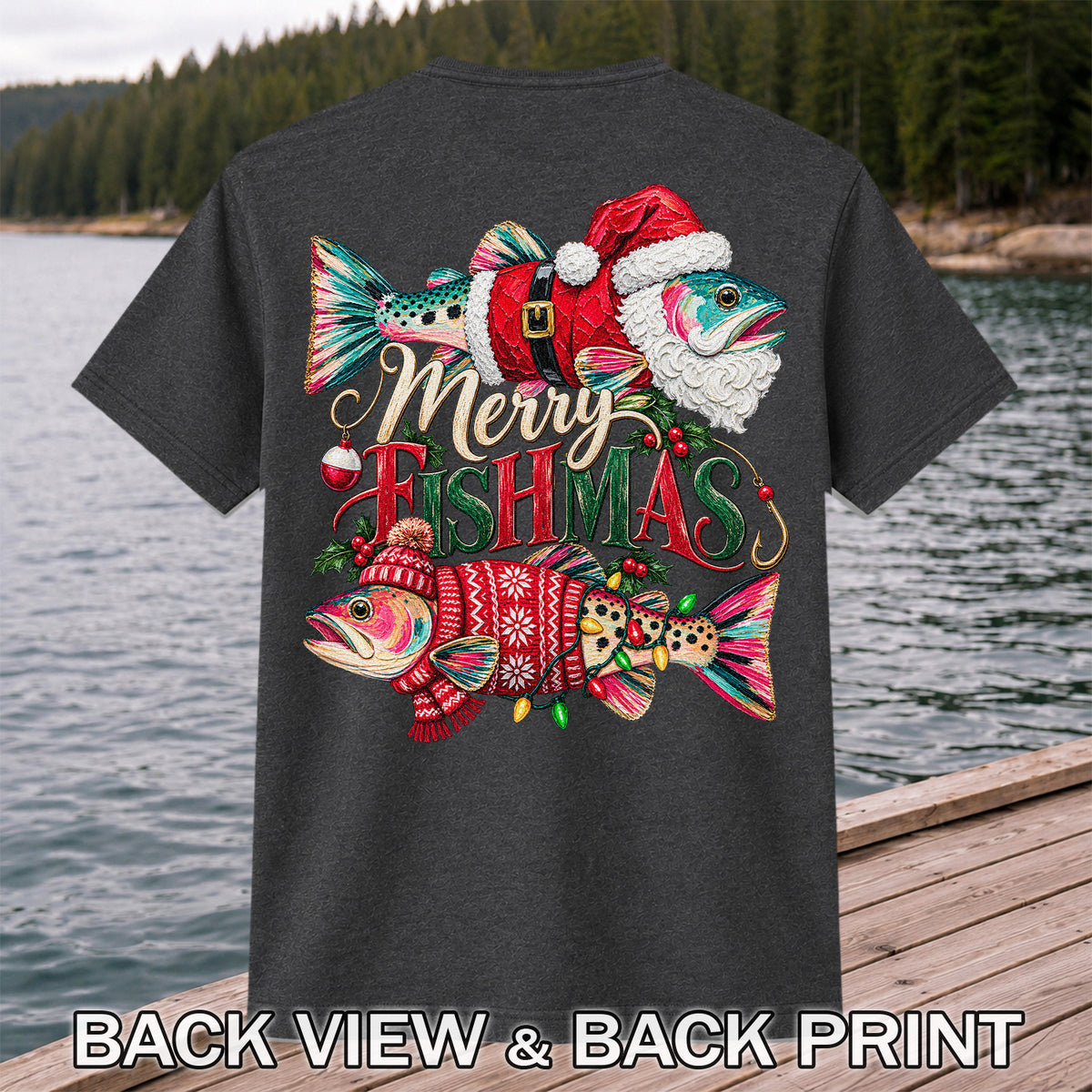 Merry Fishmas Santa Fish Christmas Fishing Graphic T-Shirt | Back Print