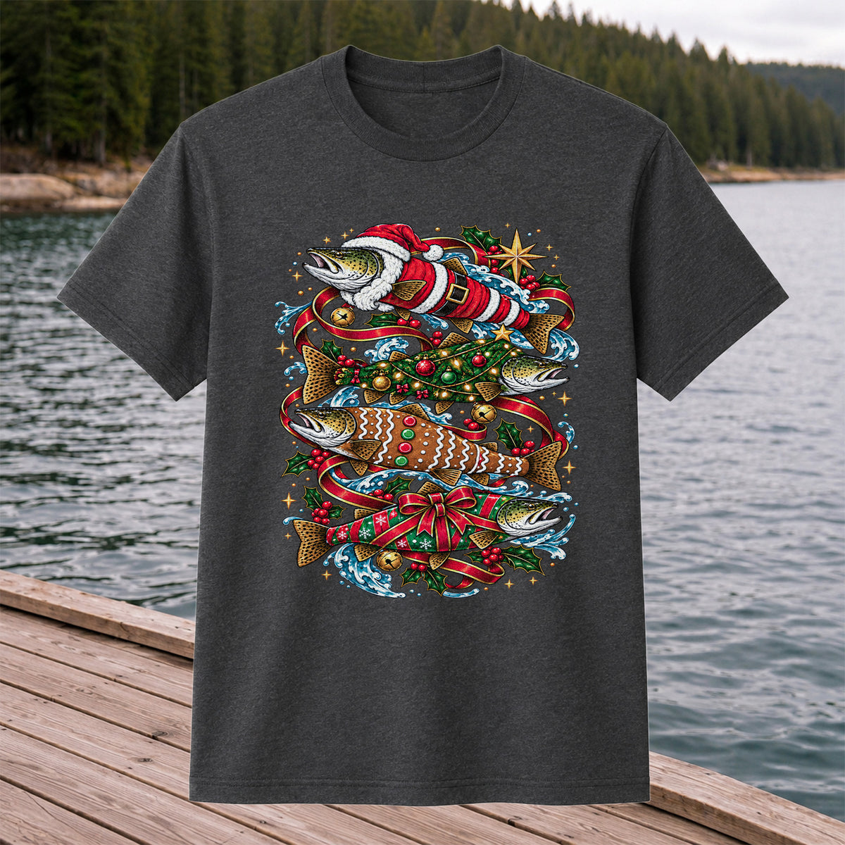 Santa and Gingerbread Trout Christmas Fishing Graphic T-Shirt