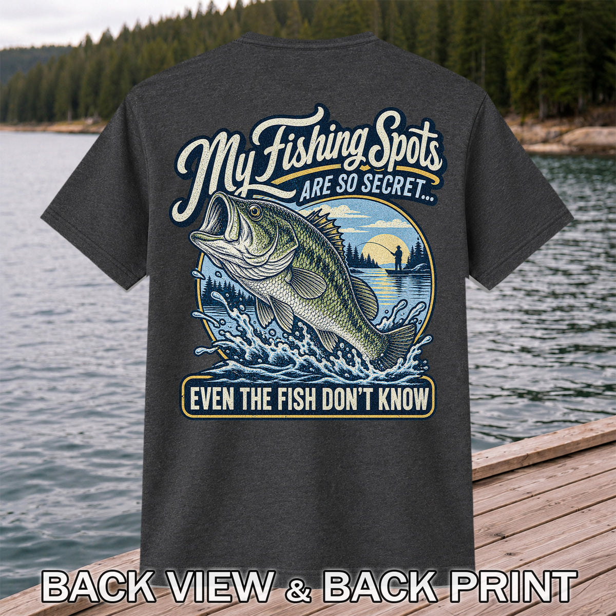 Secret Fishing Spots Largemouth Bass Graphic T-Shirt | Back Print
