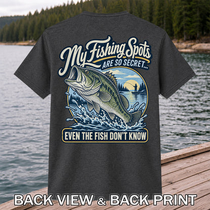 Secret Fishing Spots Largemouth Bass Graphic T-Shirt | Back Print