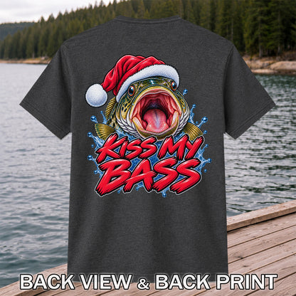 Kiss My Bass Santa Hat Funny Christmas Fishing T-Shirt | Back Print
