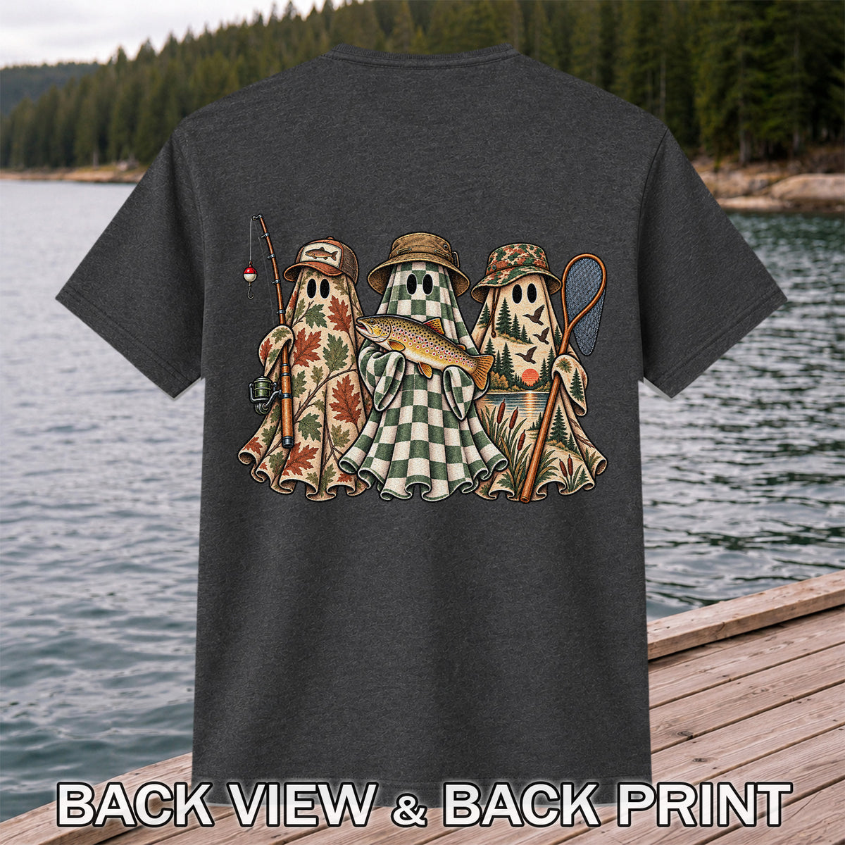 Autumn Ghost Trio with Brown Trout Halloween Fishing T-Shirt | Back Print