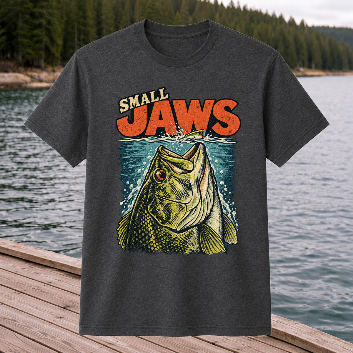 Small Jaws Bass Chasing a Fishing Lure Retro Graphic T-Shirt