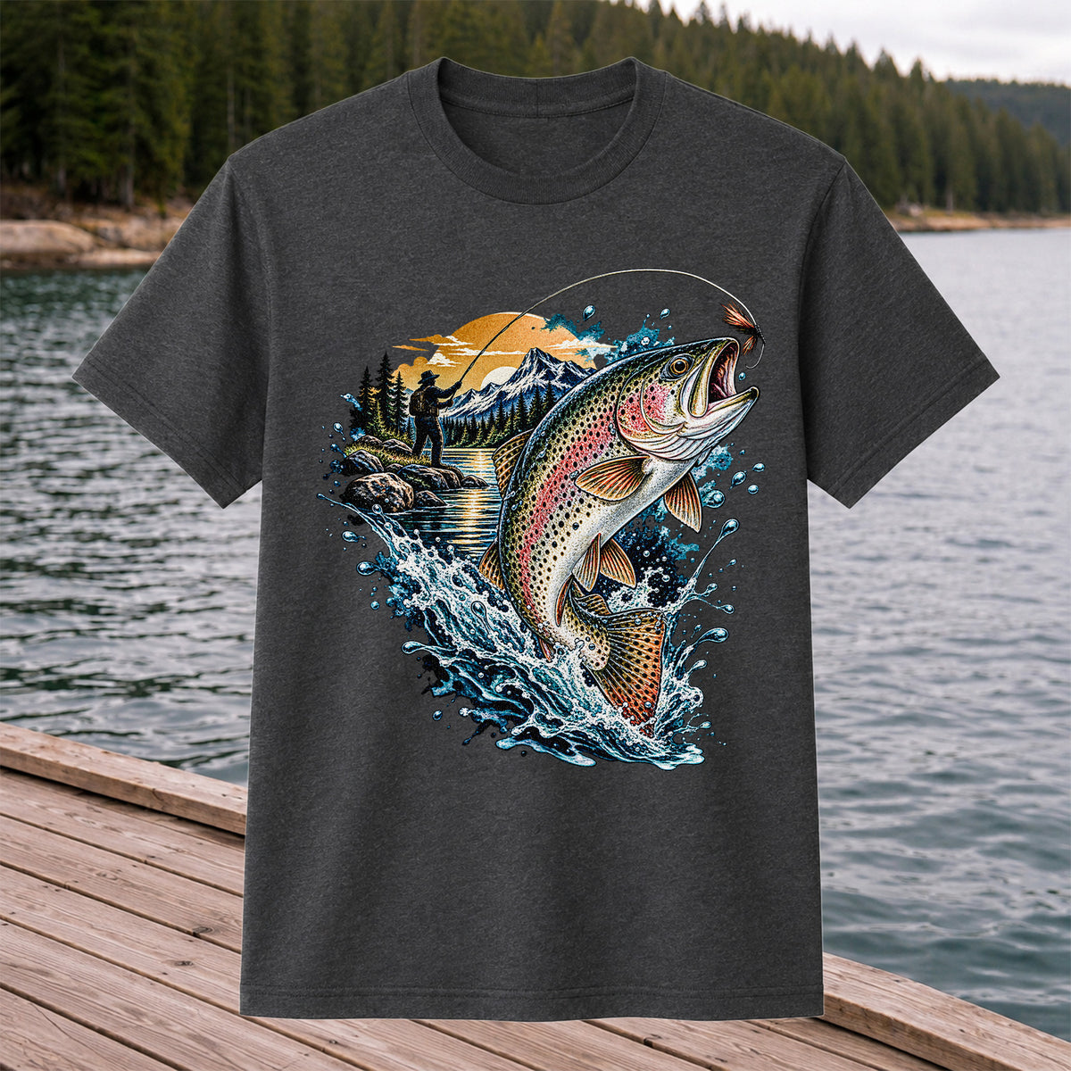 Leaping Rainbow Trout Mountain River Fly Fishing Graphic T-Shirt