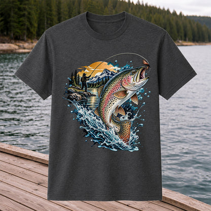 Leaping Rainbow Trout Mountain River Fly Fishing Graphic T-Shirt