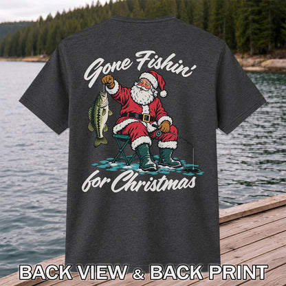 Santa Fishing with Bass Christmas Graphic T-Shirt | Back Print