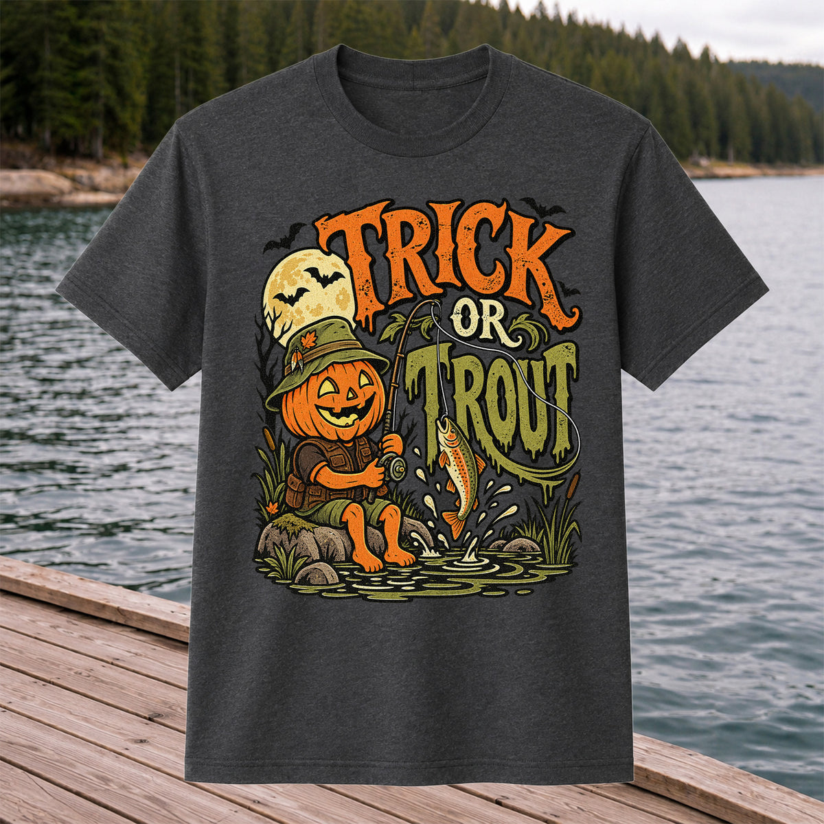Trick or Trout Pumpkin Angler Halloween Fishing T-Shirt