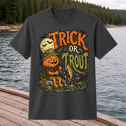 Trick or Trout Pumpkin Angler Halloween Fishing T-Shirt