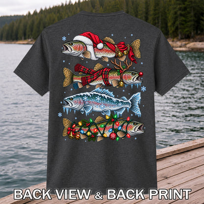 Christmas Rainbow Trout Holiday Fishing Graphic T-Shirt | Back Print
