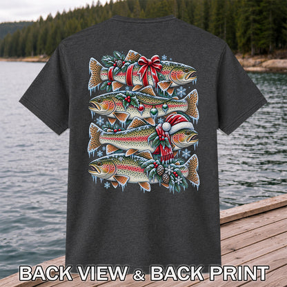Festive Rainbow Trout Christmas Fishing Graphic T-Shirt | Back Print