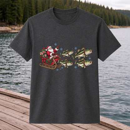 Santa in a Sleigh Pulled by Bass Christmas Fishing Graphic T-Shirt