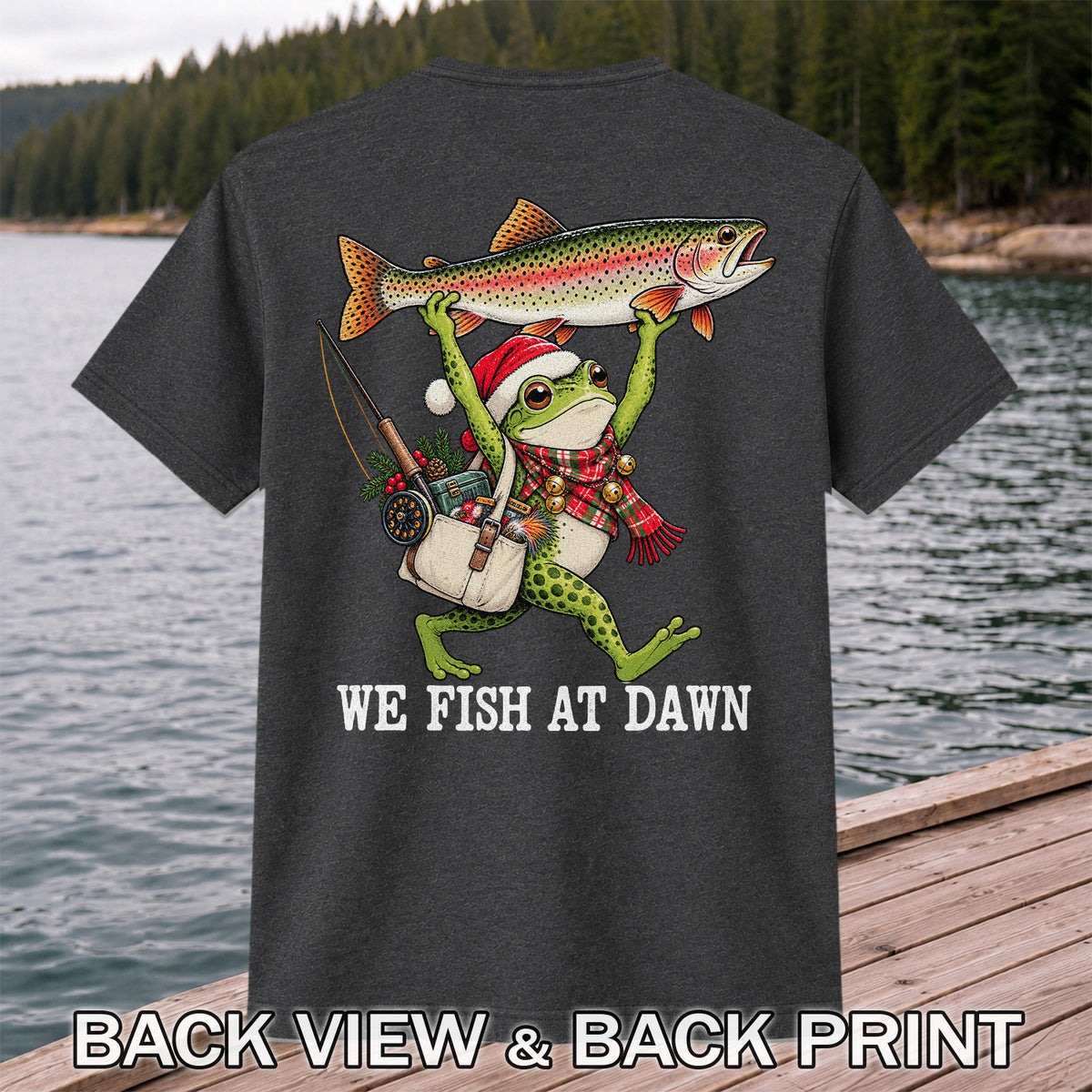 Frog Holding Rainbow Trout Fishing at Dawn Graphic T-Shirt | Back Print