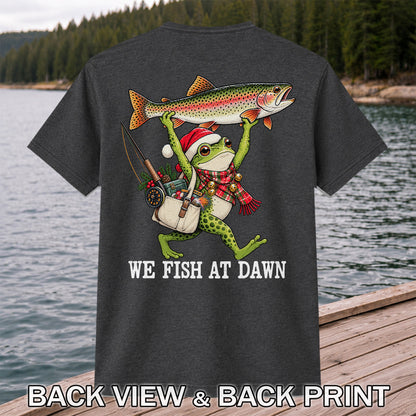 Frog Holding Rainbow Trout Fishing at Dawn Graphic T-Shirt | Back Print