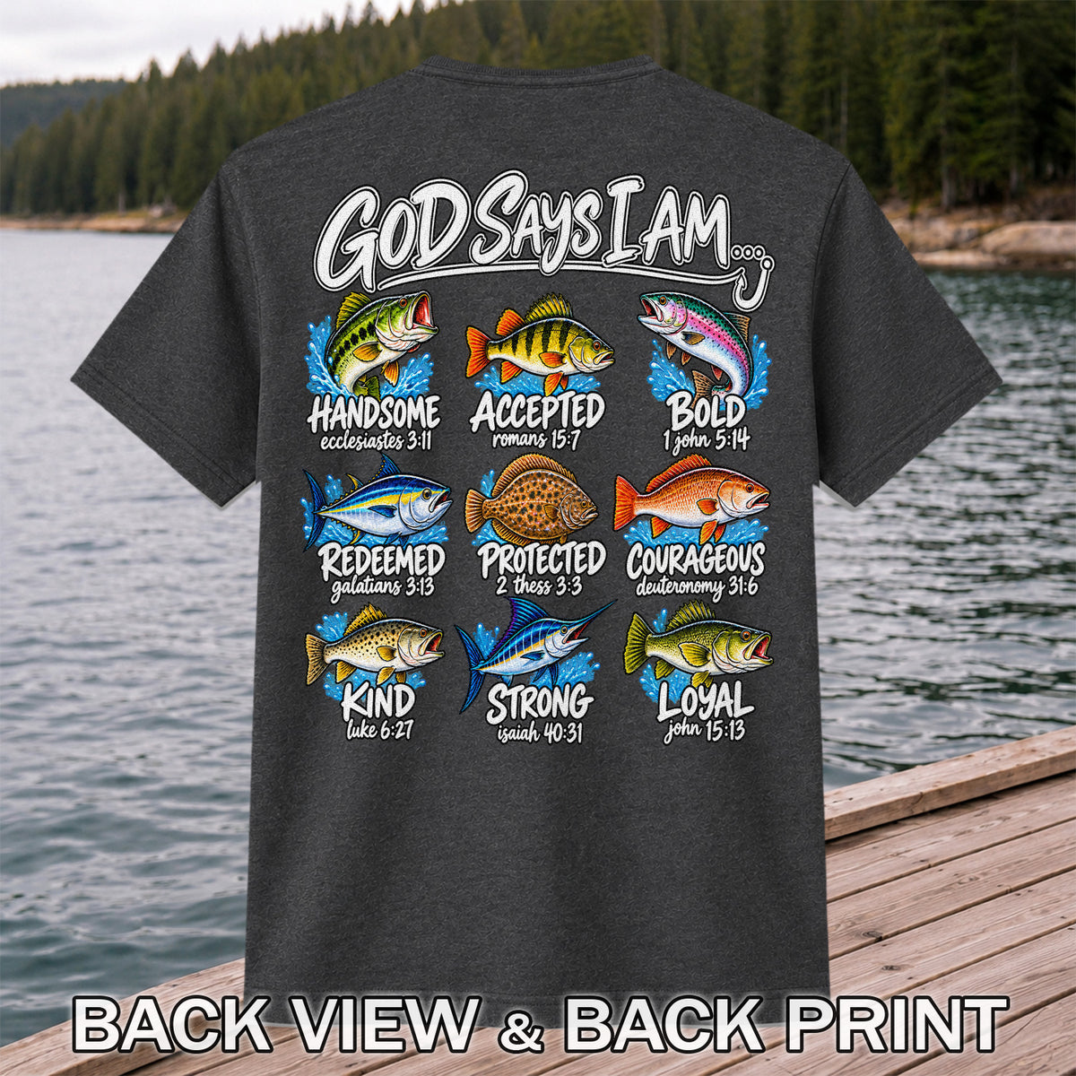 God Says I Am Christian Fish and Bible Verse Fishing Graphic T-Shirt | Back Print