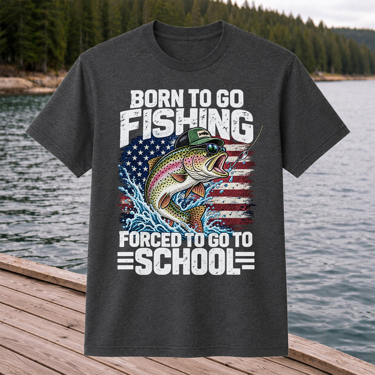 Born to Go Fishing Forced to Go to School American Flag Rainbow Trout T-Shirt