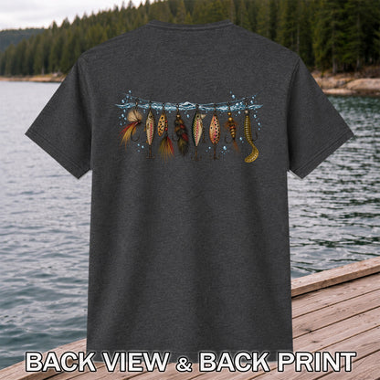 Fishing Lures and Flies on a Waterline Graphic T-Shirt | Back Print