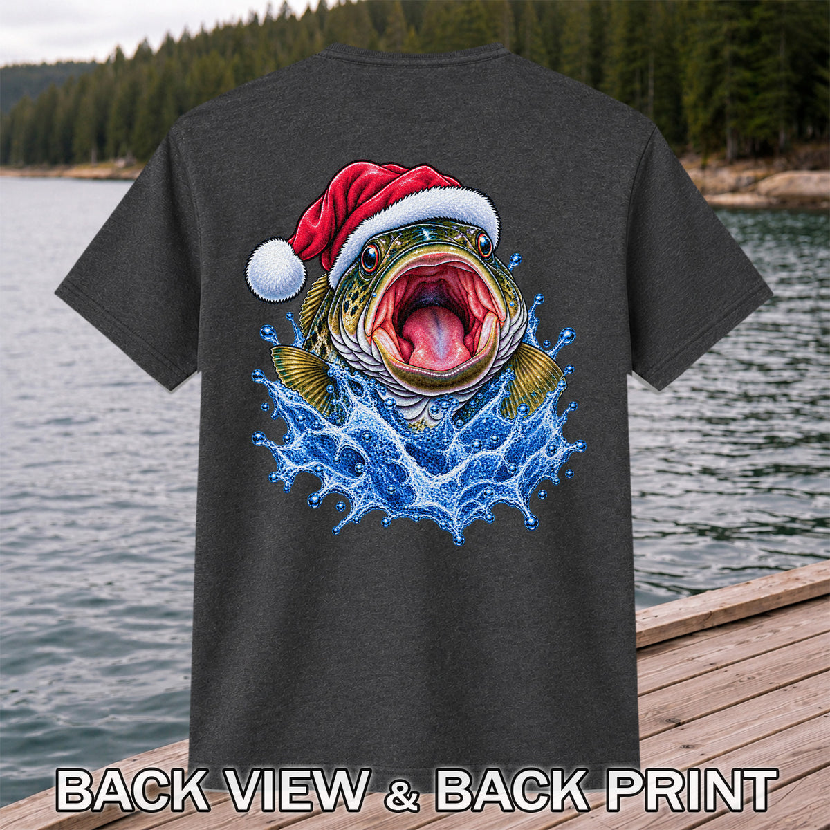 Santa Hat Bass Splash Fishing Graphic T-Shirt | Back Print