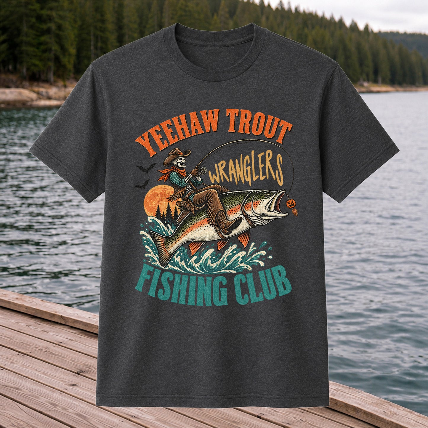 Yeehaw Trout Wranglers Fishing Club Cowboy Skeleton T-Shirt