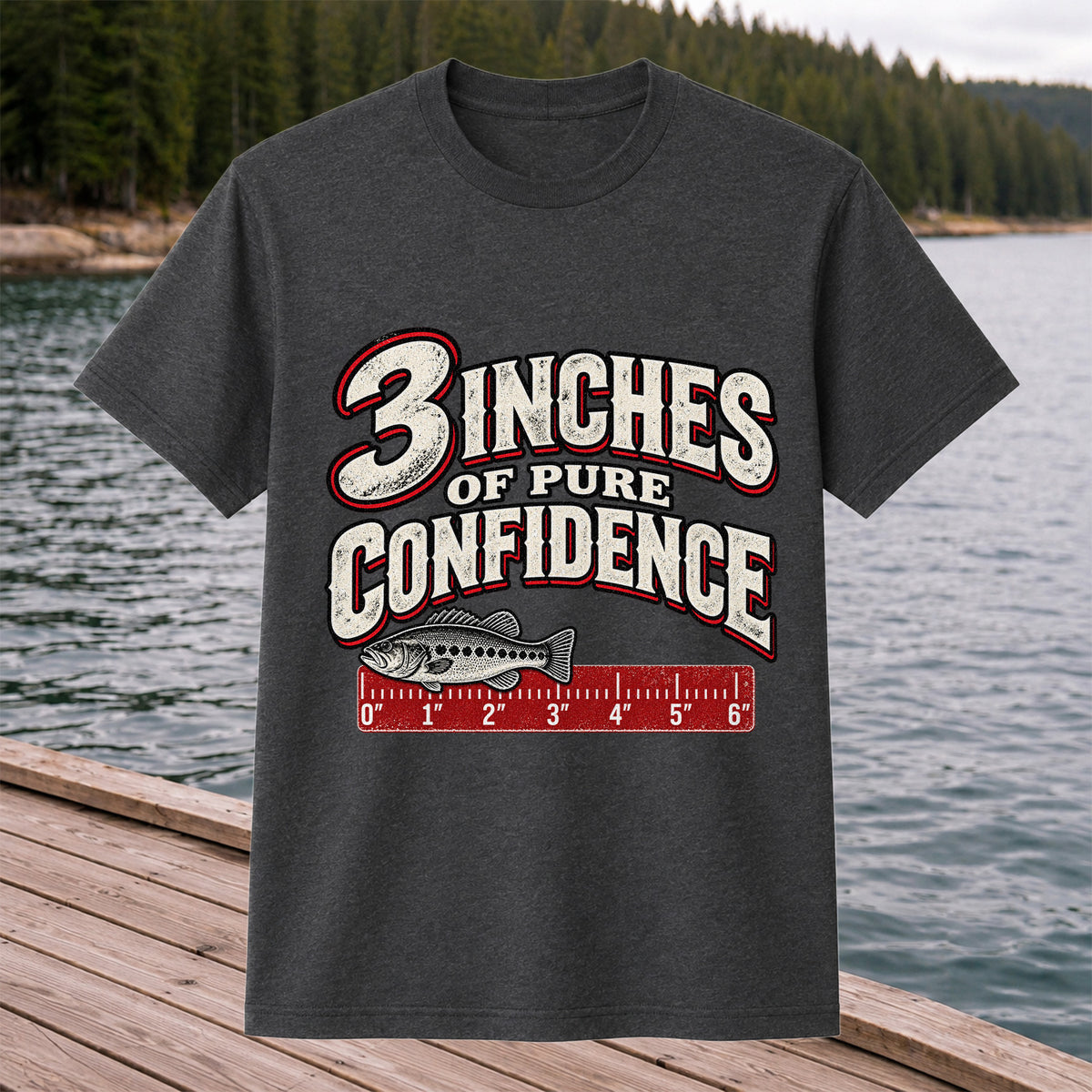 3 Inches of Pure Confidence Bass and Ruler Funny Fishing T-Shirt