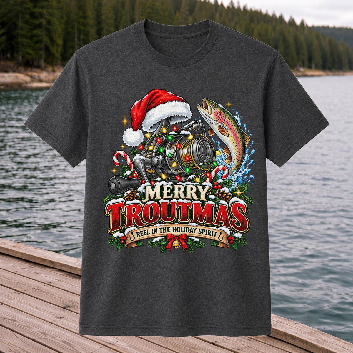 Merry Troutmas Reel in the Holiday Spirit Rainbow Trout and Fishing Reel T-Shirt
