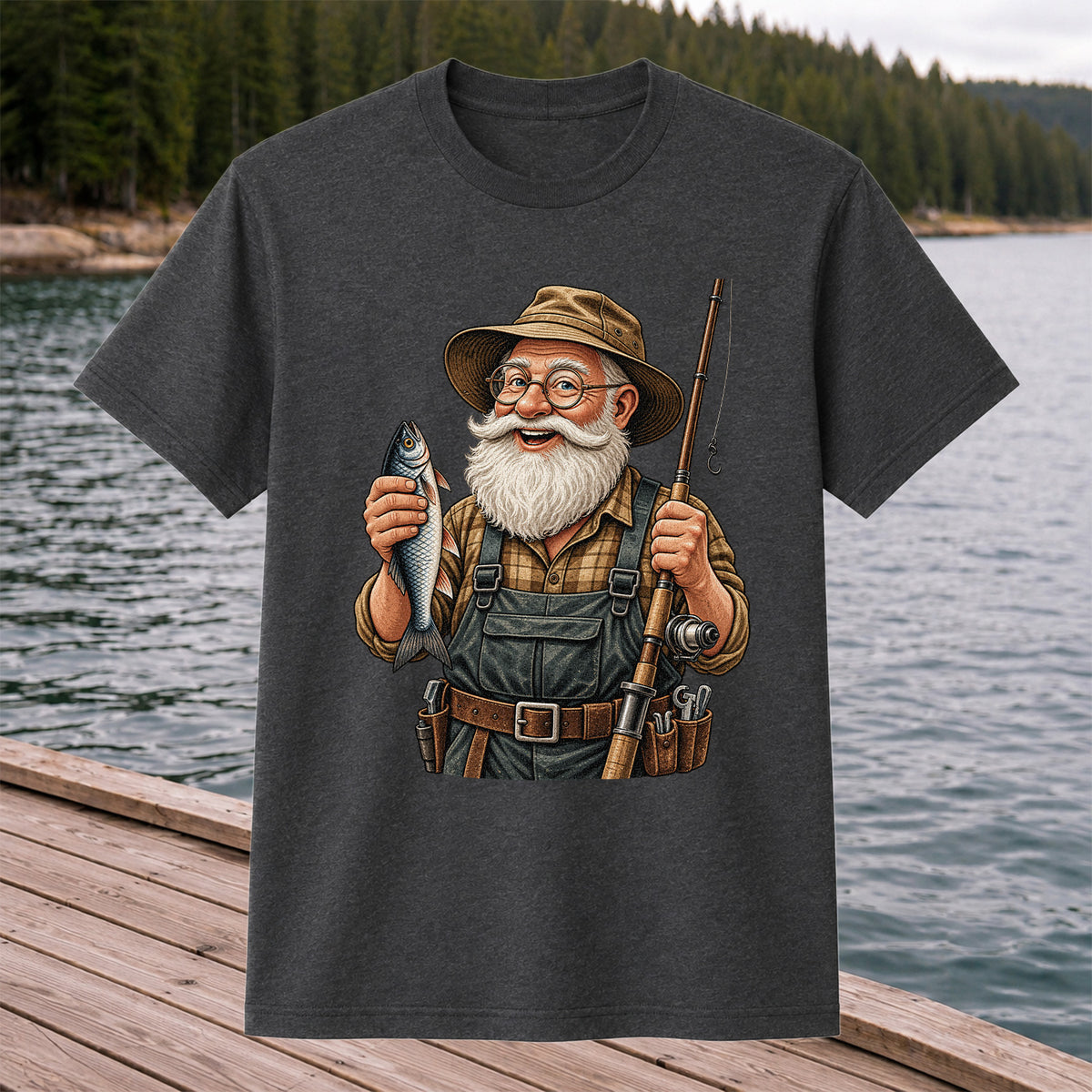 Bearded Angler Holding a Fish and Fishing Rod Graphic T-Shirt