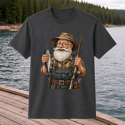 Bearded Angler Holding a Fish and Fishing Rod Graphic T-Shirt
