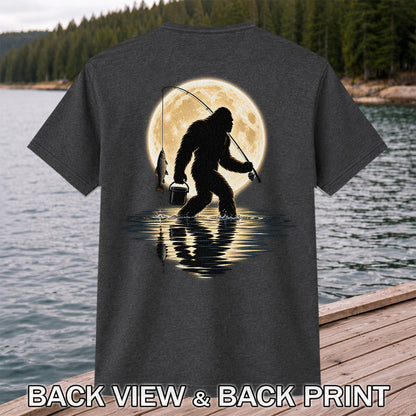 Bigfoot Fishing Under a Full Moon Graphic T-Shirt | Back Print