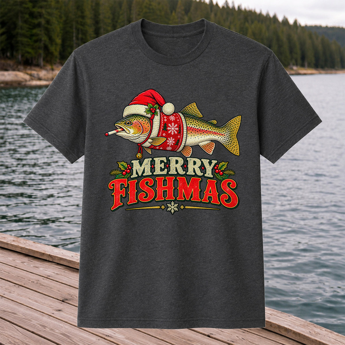 Christmas Trout Santa Fishing Graphic T-Shirt