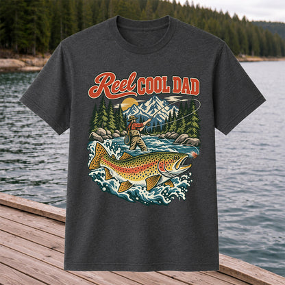 Reel Cool Dad Rainbow Trout Fly Fishing Graphic T-Shirt