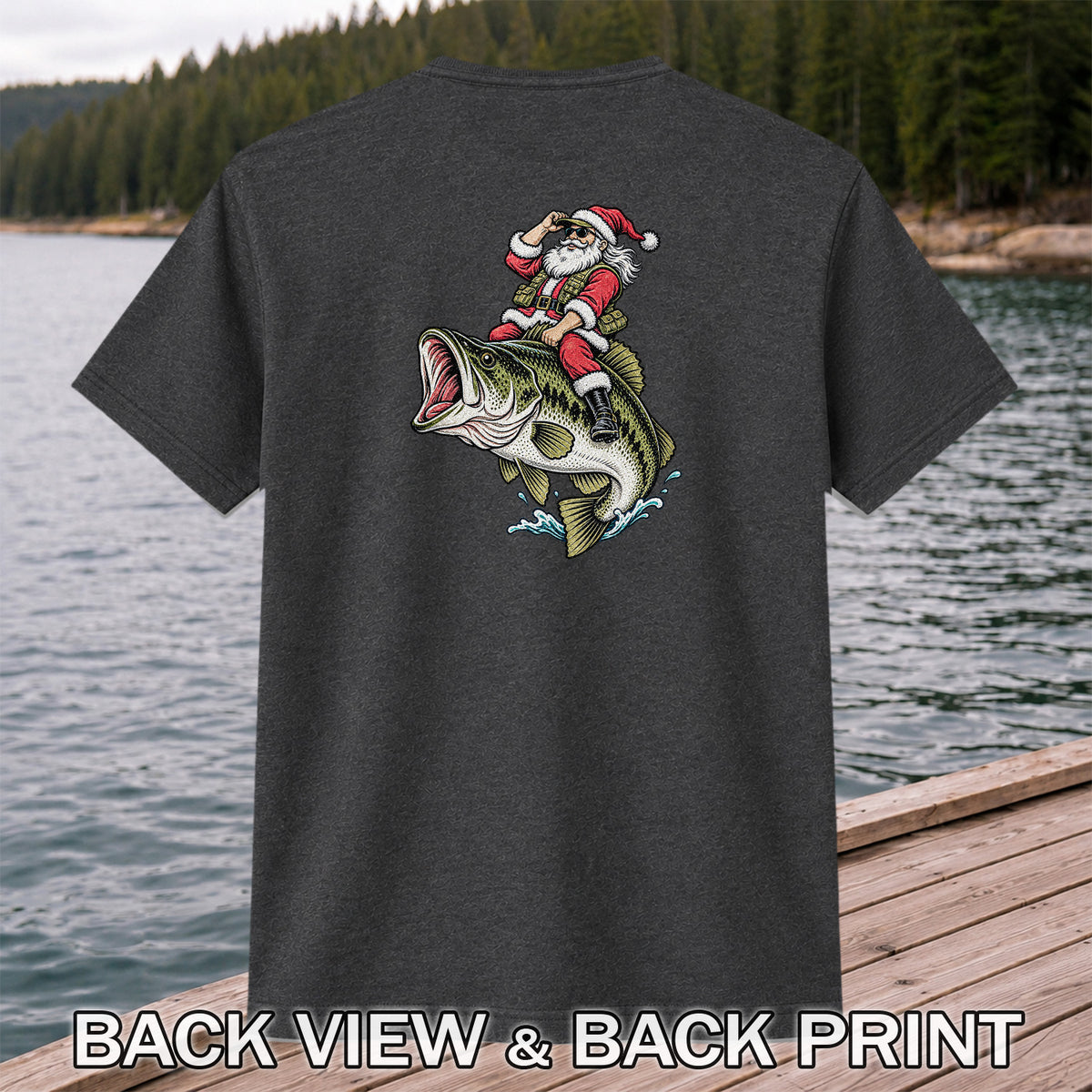 Santa Riding Largemouth Bass Christmas Fishing Graphic T-Shirt | Back Print
