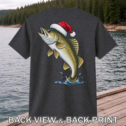 Santa Hat Walleye Christmas Fishing Graphic T-Shirt | Back Print