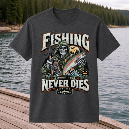 Fishing A Hobby That Never Dies Skeleton Holding Rainbow Trout Halloween T-Shirt