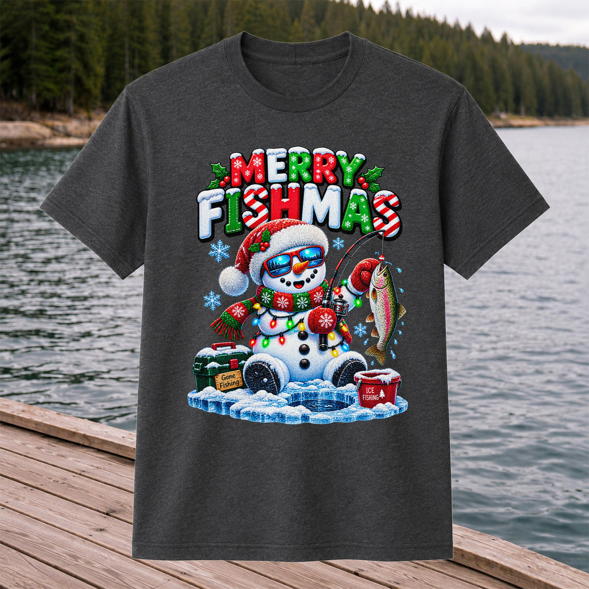 Merry Fishmas Gone Fishing Snowman and Rainbow Trout Ice Fishing Christmas T-Shirt